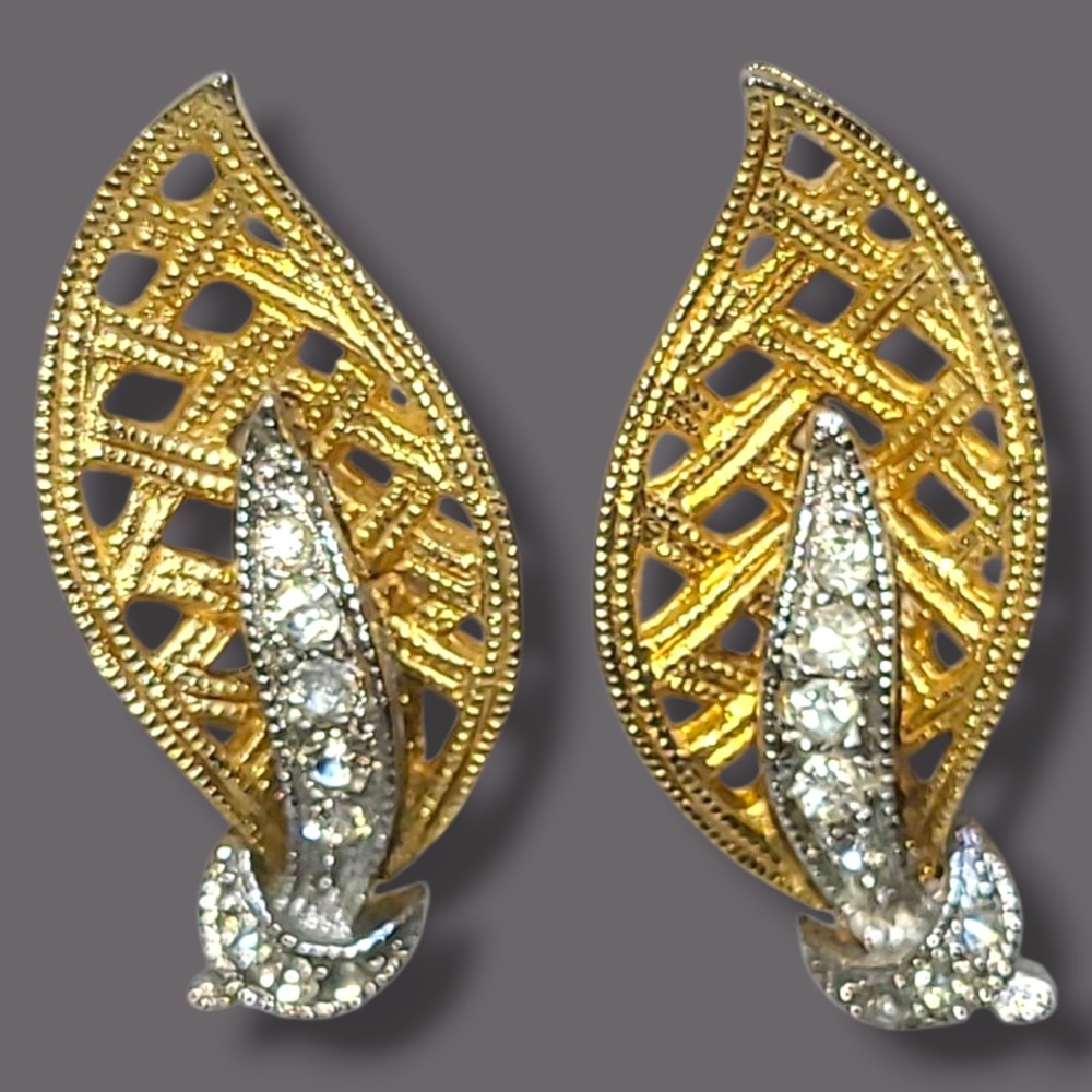 Vintage 1960'S Rhinestone Earrings Brushed Gold Clip-on Leaf Retro‎ Glam